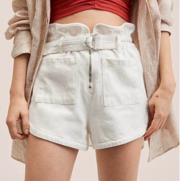 NWT MNG Emily Denim High Rise Belted Paperbag Shorts White Women's Size Small - Picture 1 of 9
